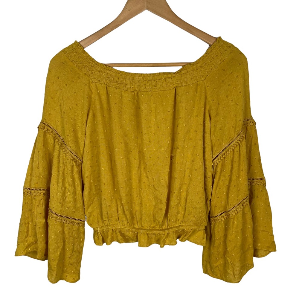 Aqua Women's Cropped Off-The-Shoulder Smocked Bell Sleeve Top Size Small Mustard - Picture 4 of 12